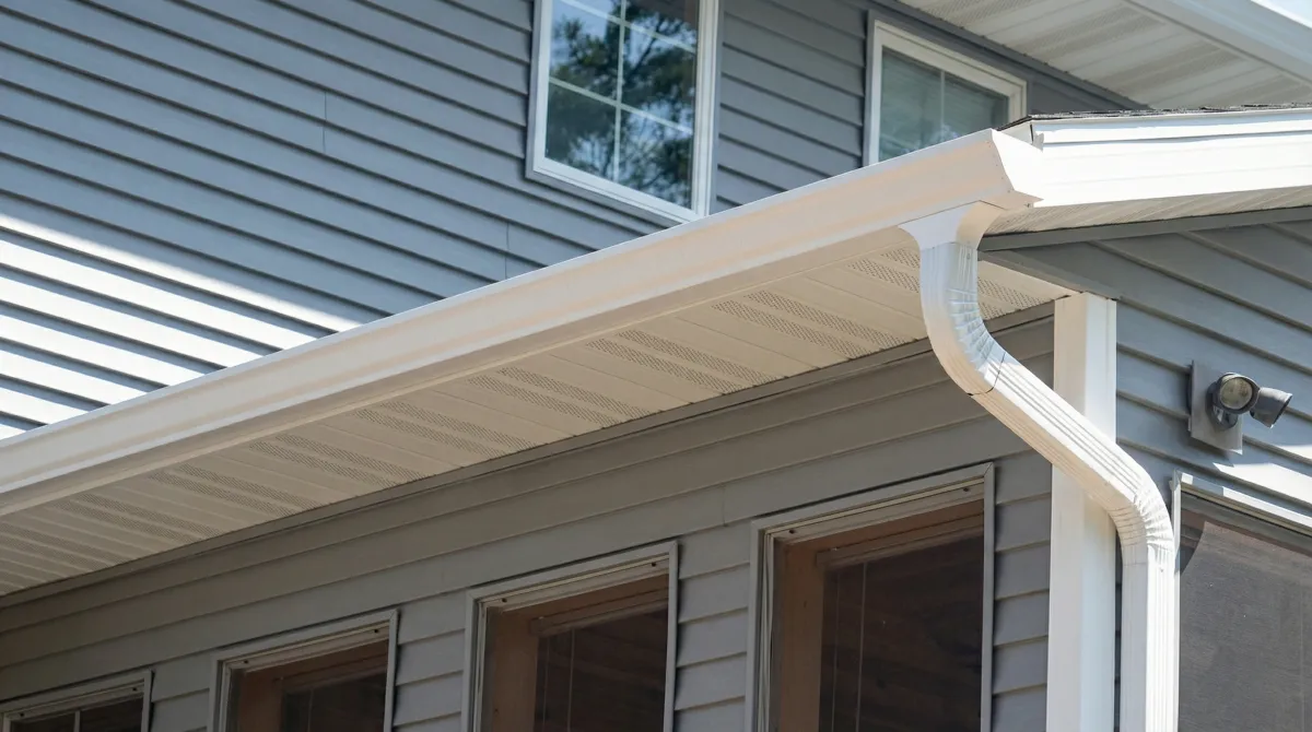 Professional home remodeling project showing newly installed white seamless gutters and downspouts on a house with gray siding in Boston, MA