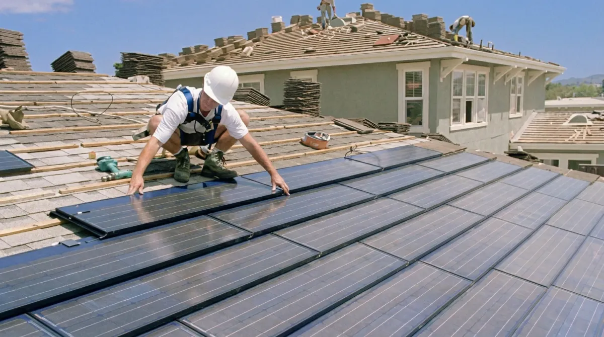 Roof replacement expert installing modern solar shingles on a residential home in Boston, MA
