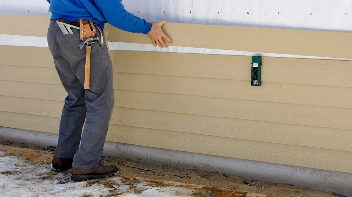 Siding replacement expert carefully aligning a new tan siding panel onto a residential exterior wall in Boston, MA
