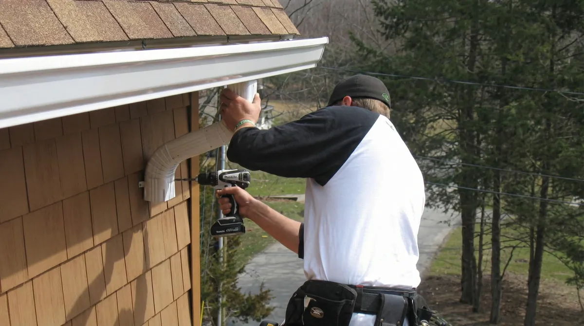 Professional contractor installing tan vinyl siding panels on a residential home exterior in Boston, MA