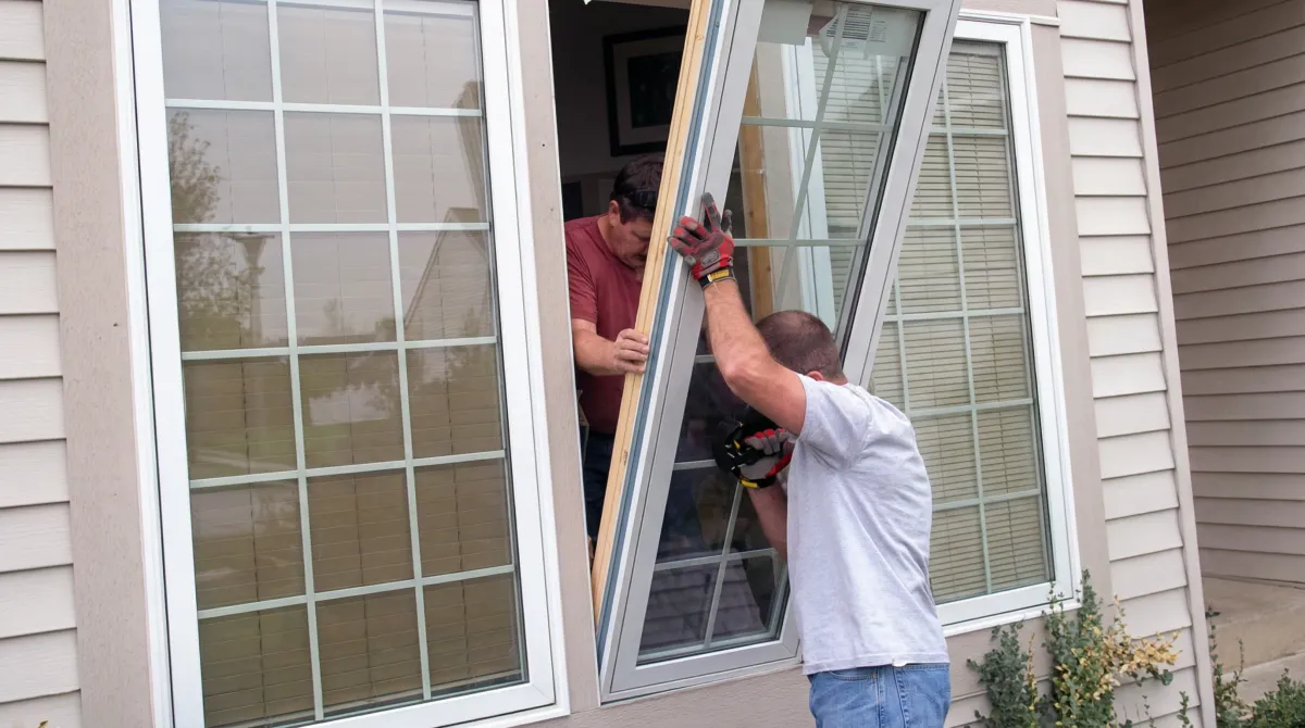 Professional home remodeling team installing a large replacement window on a house with tan siding in Boston, MA
